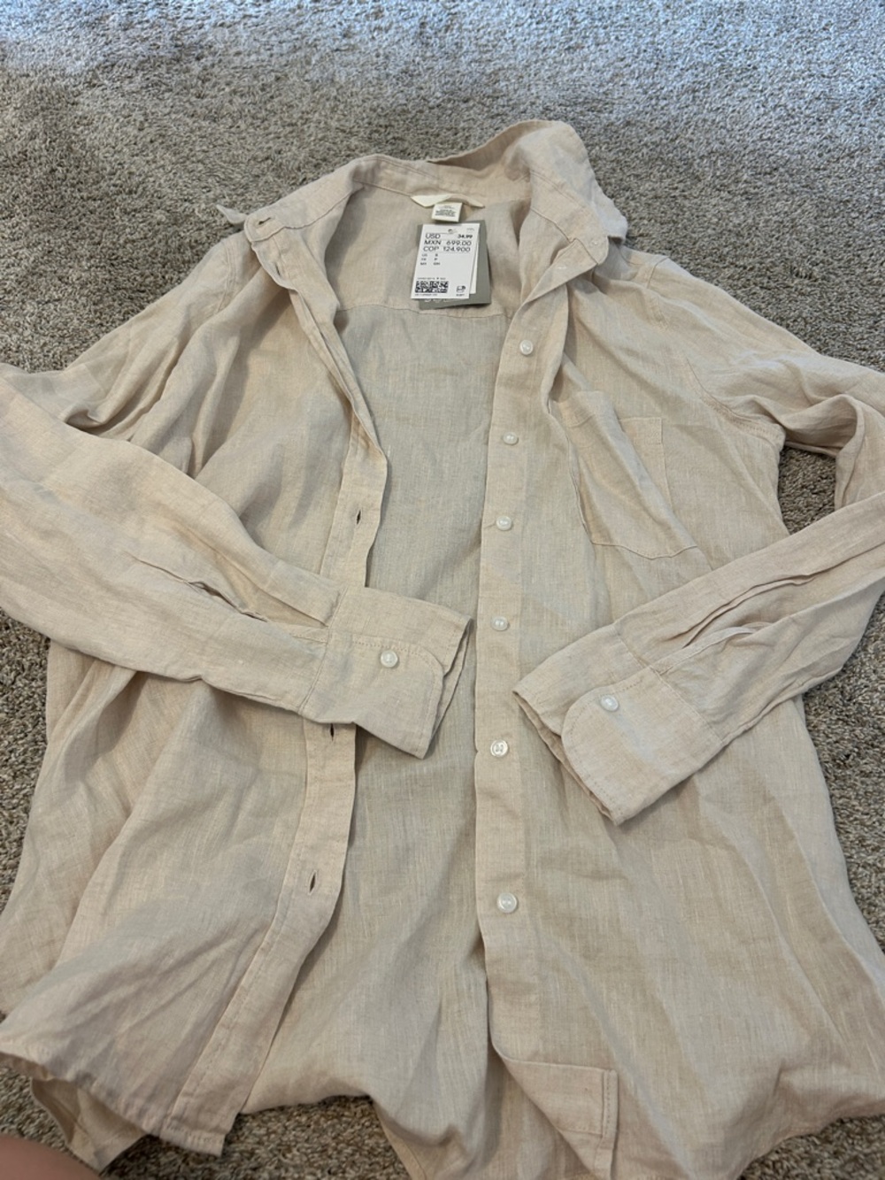 H&M Beige Button-Down Linen-Blend Shirt